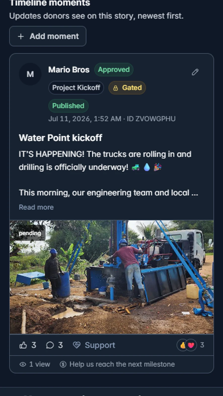 A story moment with a photo from the field and a give action